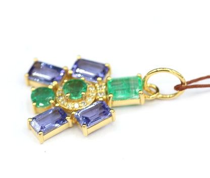 Tanzanite 14k Solid Gold Diamond Pendant With Emerald Stone