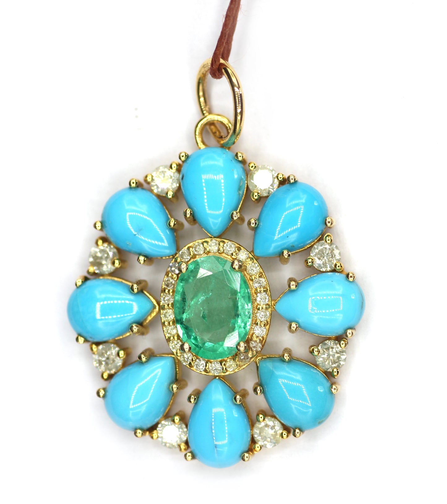 Turquoise 14k Solid Gold Diamond Pendant With Emerald Stone