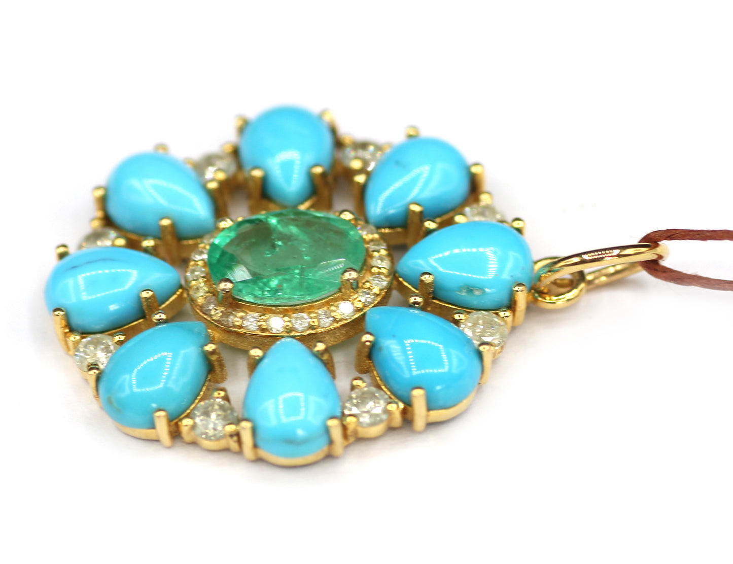 Turquoise 14k Solid Gold Diamond Pendant With Emerald Stone