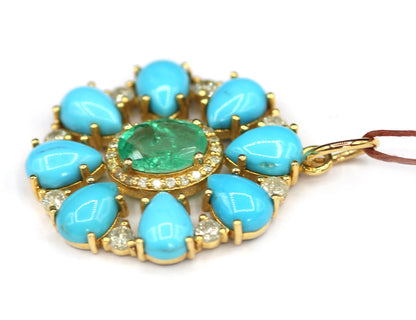 Turquoise 14k Solid Gold Diamond Pendant With Emerald Stone