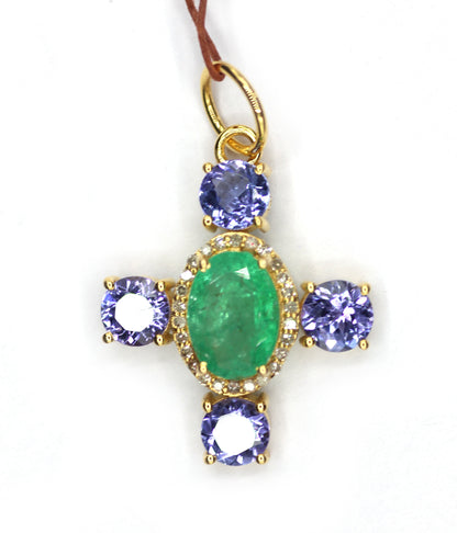 Emerald 14k Solid Gold Diamond Pendant With Tanzanite Stone