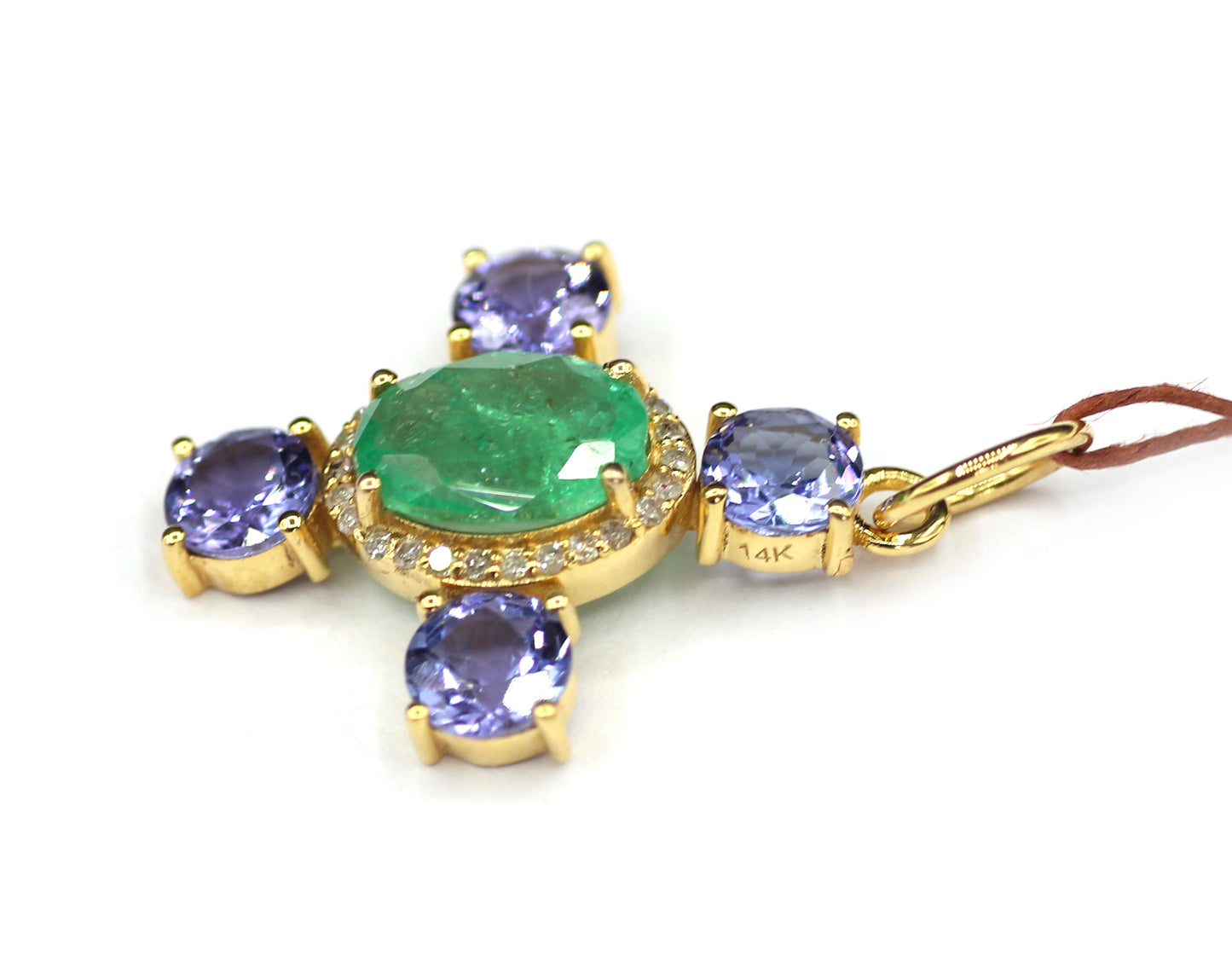 Emerald 14k Solid Gold Diamond Pendant With Tanzanite Stone
