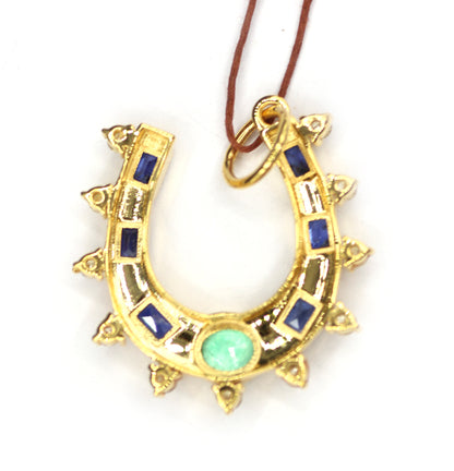 Horse Shoe 14k Solid Gold Diamond Pendant With Emerald Stone