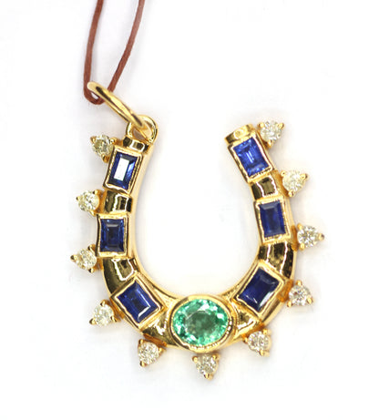 Horse Shoe 14k Solid Gold Diamond Pendant With Emerald Stone