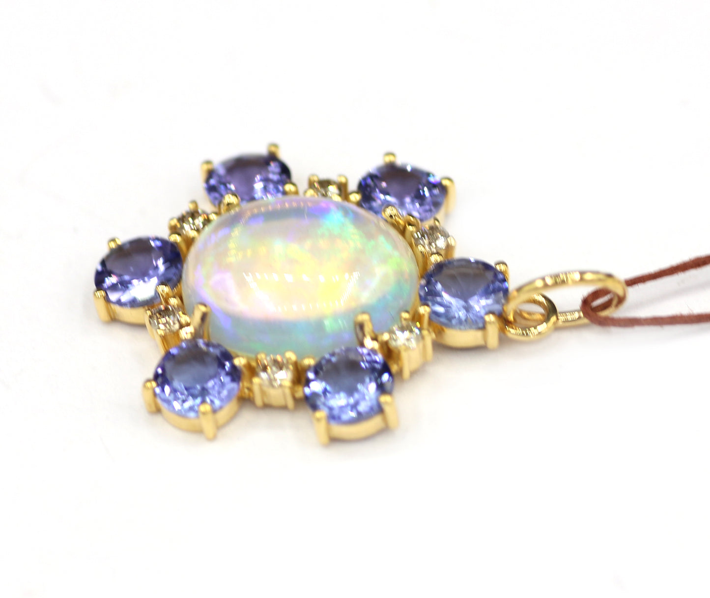 Tanzanite 14k Solid Gold Diamond Pendant With Ethiopian opal Stone