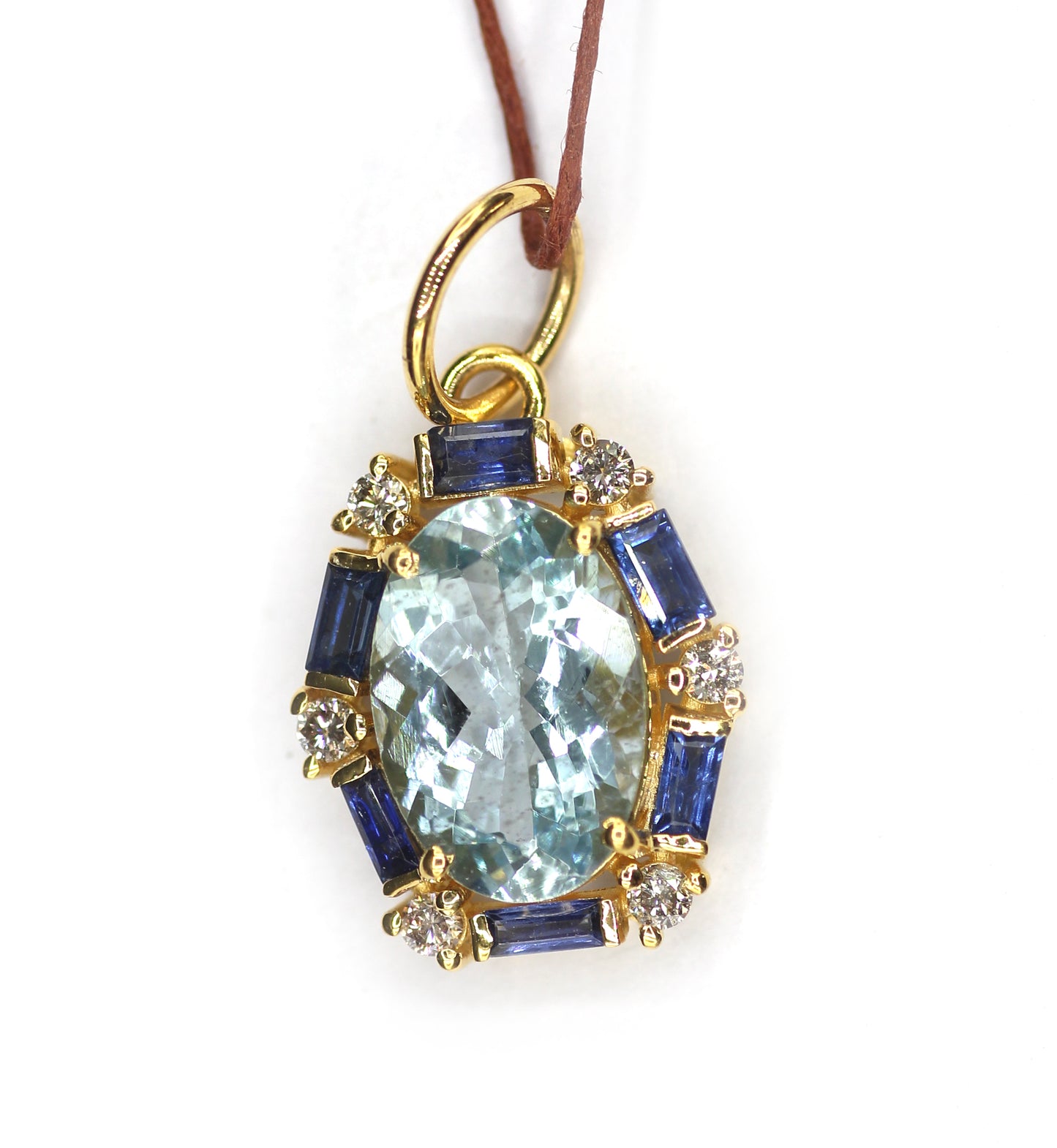 Aquamarine 14k Solid Gold Diamond Pendant With Blue Sapphire Stone