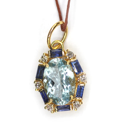 Aquamarine 14k Solid Gold Diamond Pendant With Blue Sapphire Stone