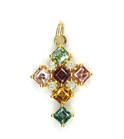 Cross 14k Solid Gold Diamond Pendant With Multi Tourmaline Stone