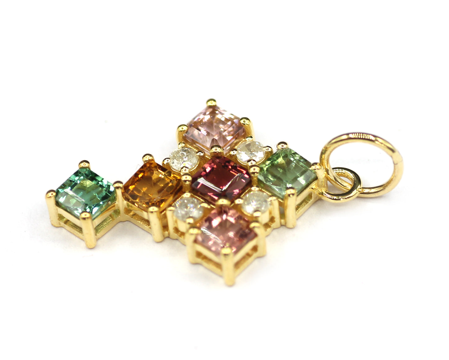 Cross 14k Solid Gold Diamond Pendant With Multi Tourmaline Stone