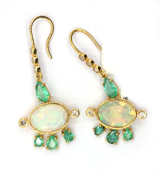 14k Solid Gold Diamond Earring With Emerald And Opal