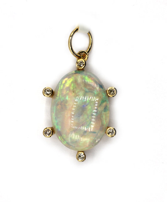 Oval 14k Solid Gold Diamond Pendants With Opal Stone
