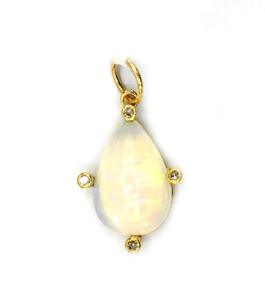 Pear 14k Solid Gold Diamond Pendants With Opal Stone