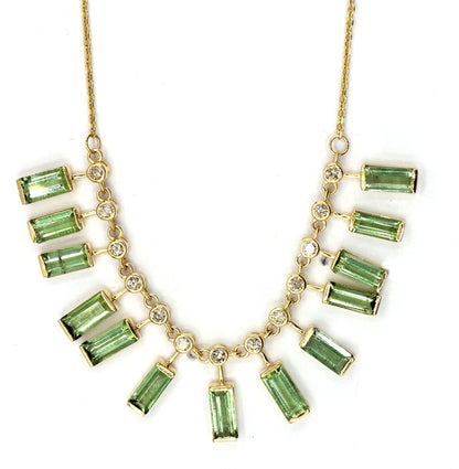 14k Solid Gold Diamond Necklace With Green Tourmuline Stone