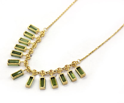 14k Solid Gold Diamond Necklace With Green Tourmuline Stone