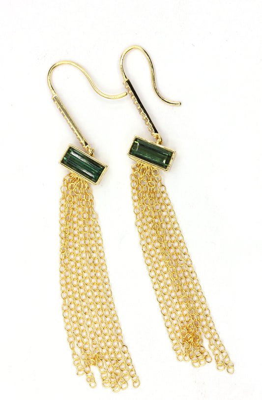 14K Gold and Diamond Dangle Earrings with Green Tourmaline and Chain Tassels