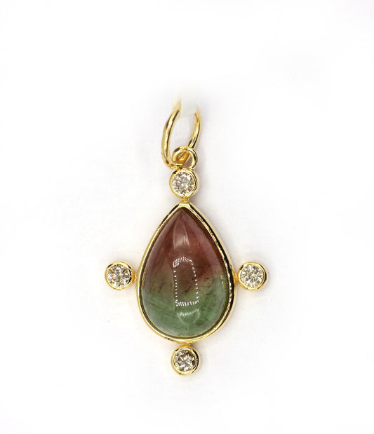 Pear 14k Solid Gold Diamond Pendants With Tourmaline Stone