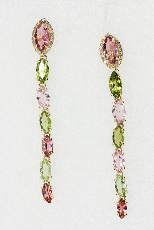 14k Gold Diamond Earring With multi Tourmaline Stone