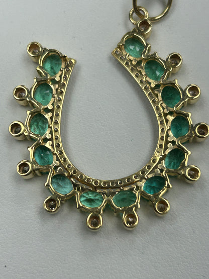 14k Solid Gold Horse Shoe Pendant with Emerald and Diamonds