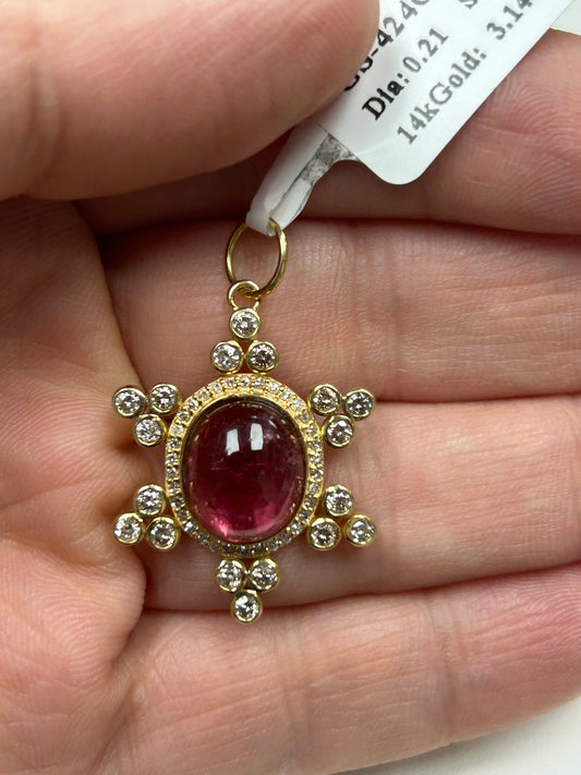 14K SOLID GOLD OVAL SHAPE PINK TOURMALINE AND DIAMOND PENDANT