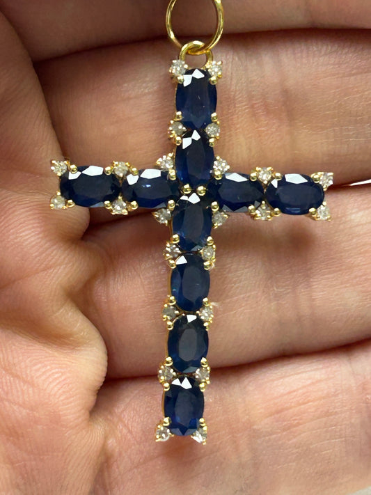 14K SOLID GOLD CROSS PENDANT WITH BLUE SAPPHIRE AND DIAMONDS