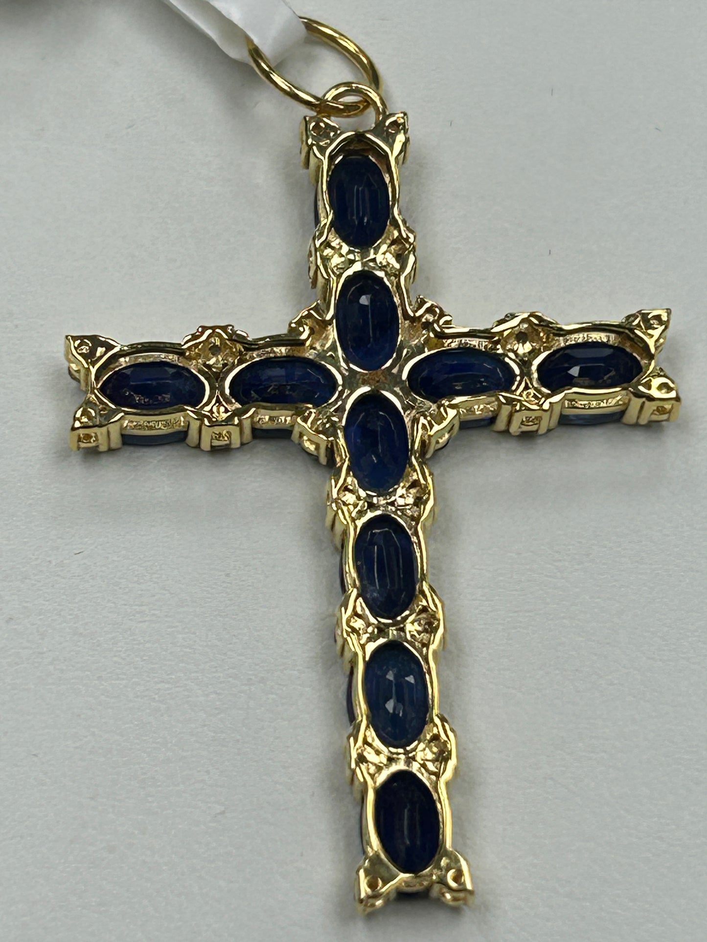 14K SOLID GOLD CROSS PENDANT WITH BLUE SAPPHIRE AND DIAMONDS