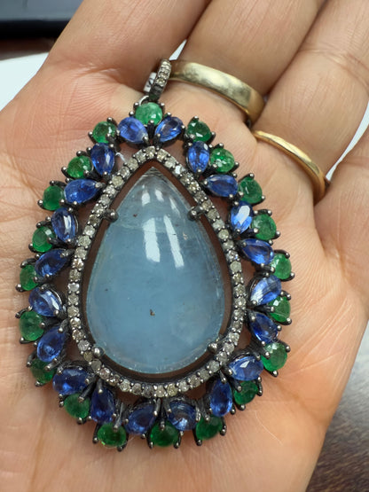 Drop Aqua Emerald Pave Diamond Pendant