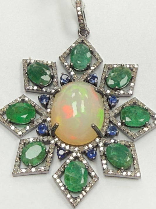 Emerald Opal Sapphire Stone Silver Pave Diamond Pendant