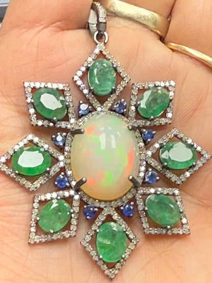 Emerald Opal Sapphire Stone Silver Pave Diamond Pendant