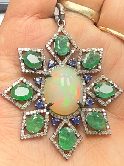 Emerald Opal Sapphire Stone Silver Pave Diamond Pendant