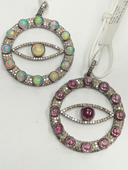 Evil Eye Stone Silver Pave Diamond Pendant