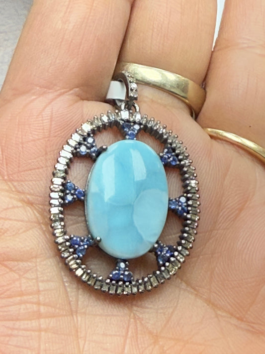 Larimar Sapphire Oval Tapper Baguette Diamond Pendant