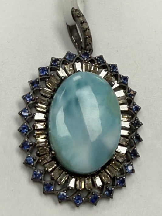 Larimar Sapphire Baguette Diamond Pendant