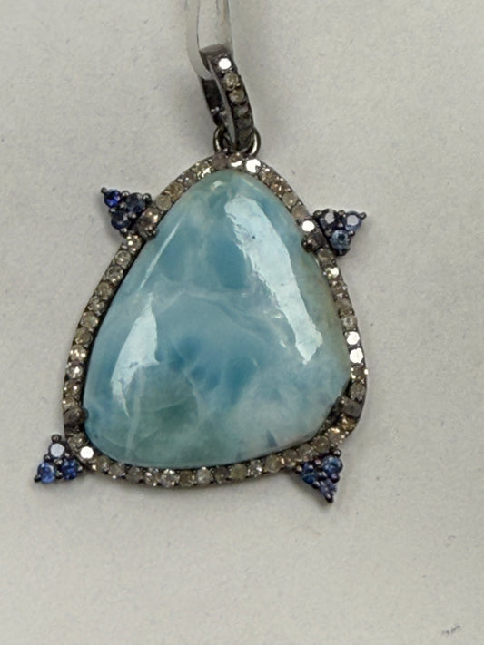 Larimar Sapphire  Diamond Pendant