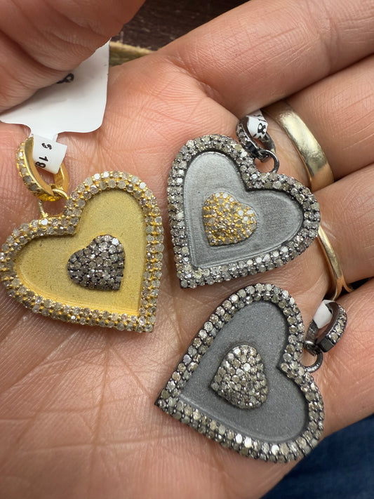 Heart Shape Matte Silver Pave Diamond Pendant