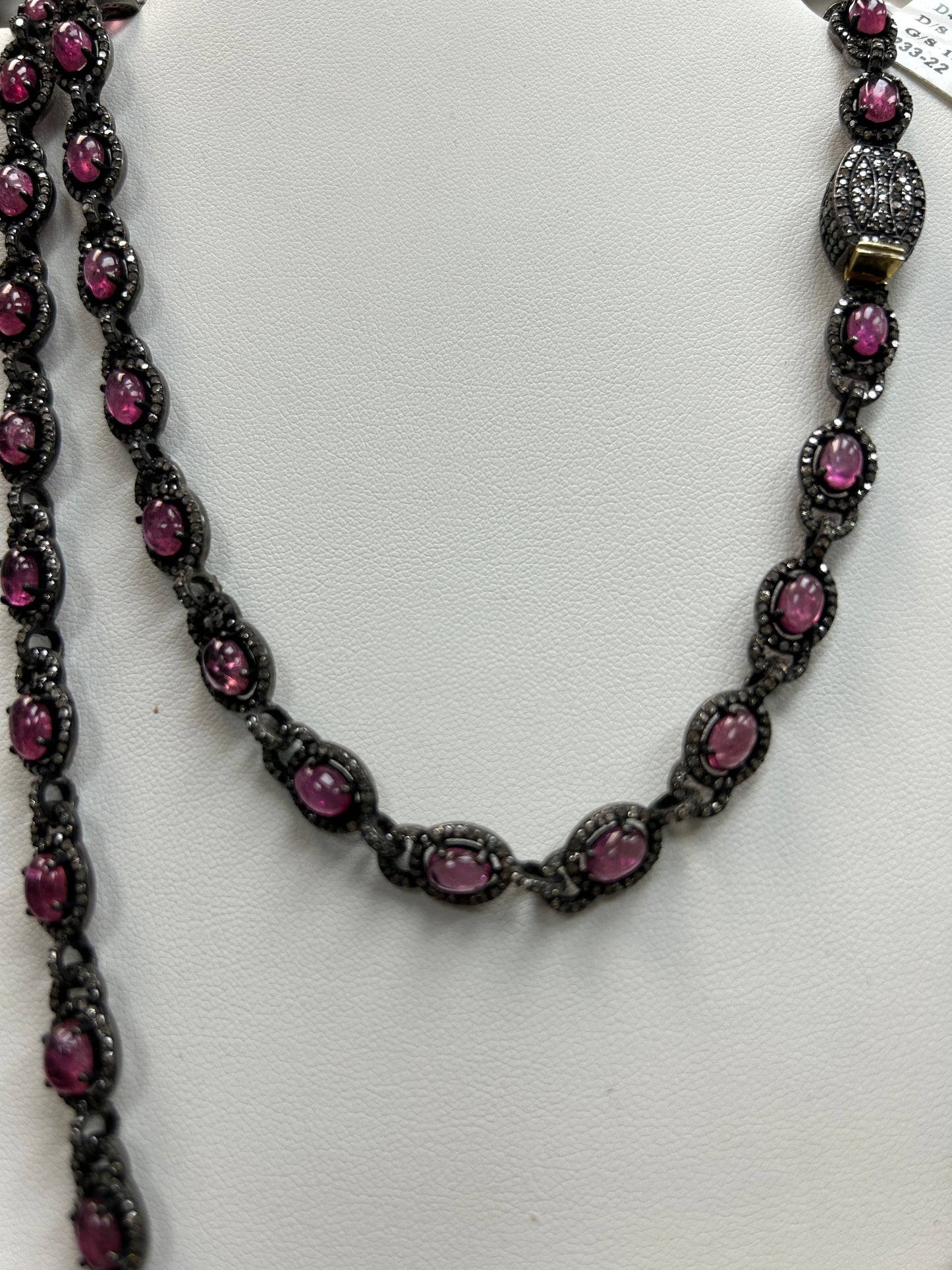 Natural Pink Tourmaline With Diamond Long Necklace
