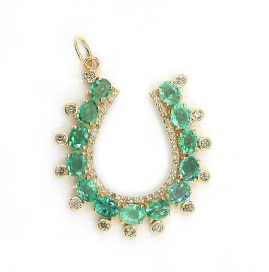 14k Solid Gold Horse Shoe Pendant with Emerald and Diamonds