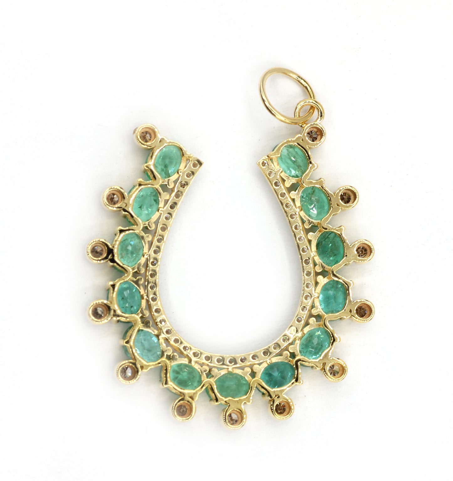 14k Solid Gold Horse Shoe Pendant with Emerald and Diamonds