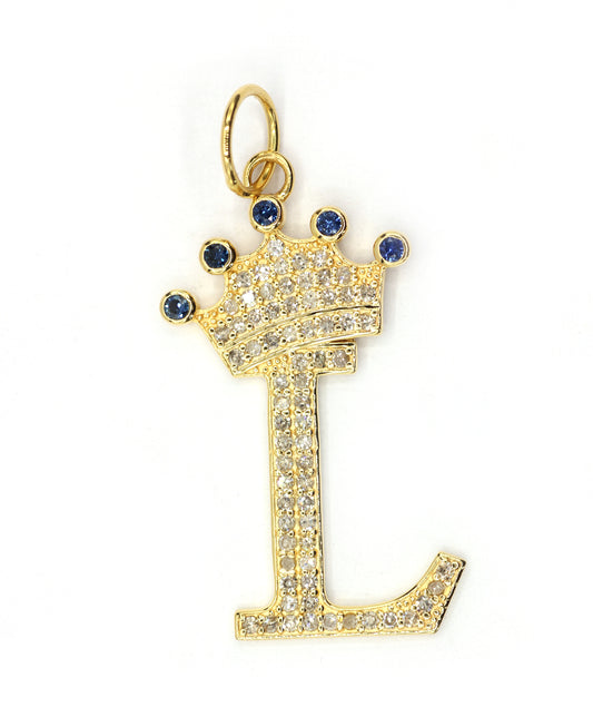 14K Gold Crown Initial Pendant with Diamonds and Blue Sapphires