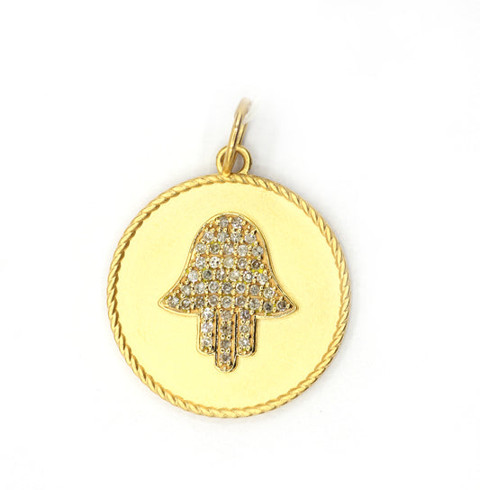 Round Disk on Hamsa hand 14k Solid Gold Diamond Pendants.