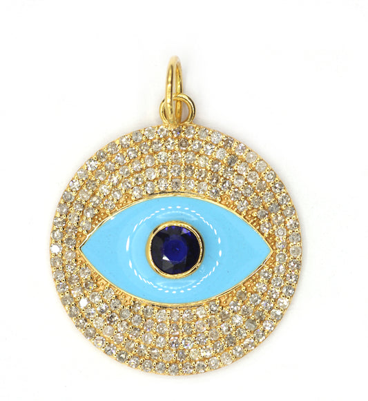 Round Evil Eye 14k Solid Gold Diamond Pendants.