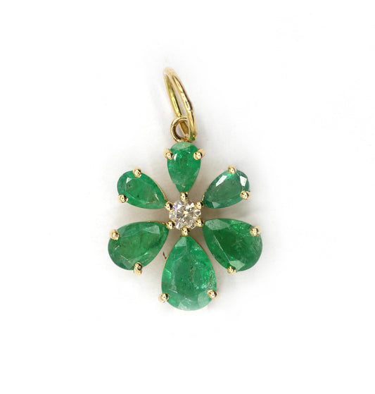 Flower 14k Solid Gold Diamond With Emerald Stone Pendants.