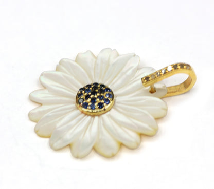 Flower Silver Diamond Pendant With Blue Sapphire Stone