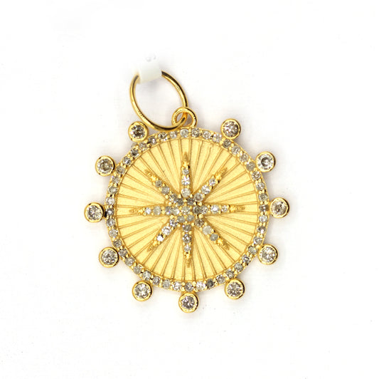 Round Disk On Star 14k Solid Gold Diamond Pendants.