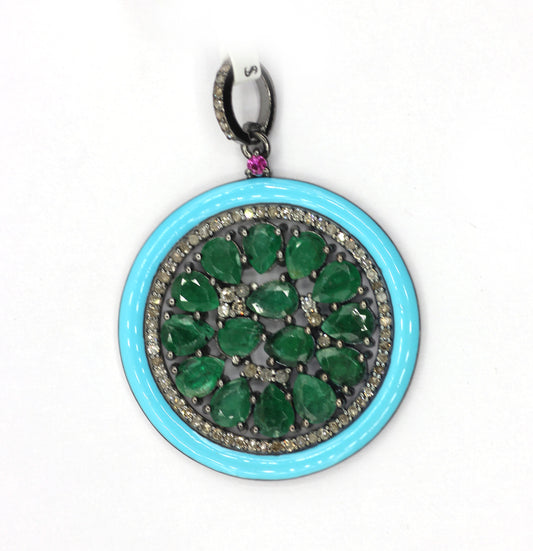 Enamel Round Shaped Diamond Pendant