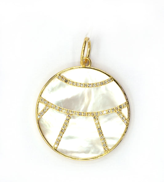 Round Mother Of Pearl 14k Solid Gold Diamond Pendants.