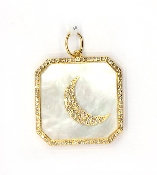 14k Solid Gold Diamond Pendants With Mother of Pearl Stone .