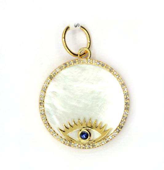 Evil Eye 14k Solid Gold Diamond Pendants With Mother of Pearl Stone .
