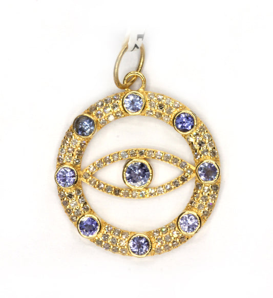 Round Evil Eye 14k Solid Gold Diamond Pendants.