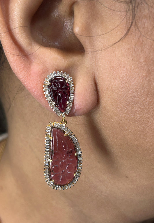 Pink tourmaline 14k Solid Gold Diamond Earring