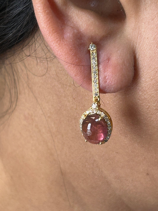 Pink tourmaline 14k Solid Gold Diamond Earring. Genuine handmade pave diamond Earring. 14k Solid Gold Diamond Earring..